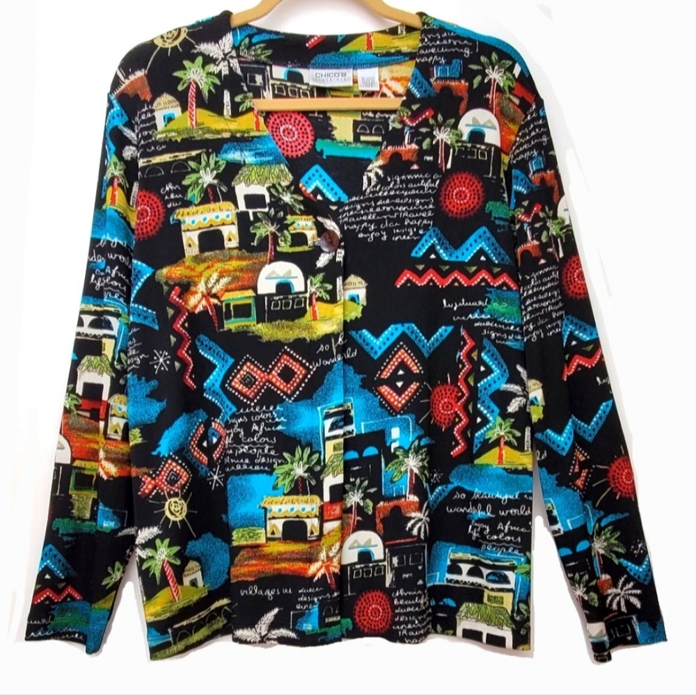 Chico's Traveler Non Wrinkle One Button Cardigan Colorful Size 2 Medium